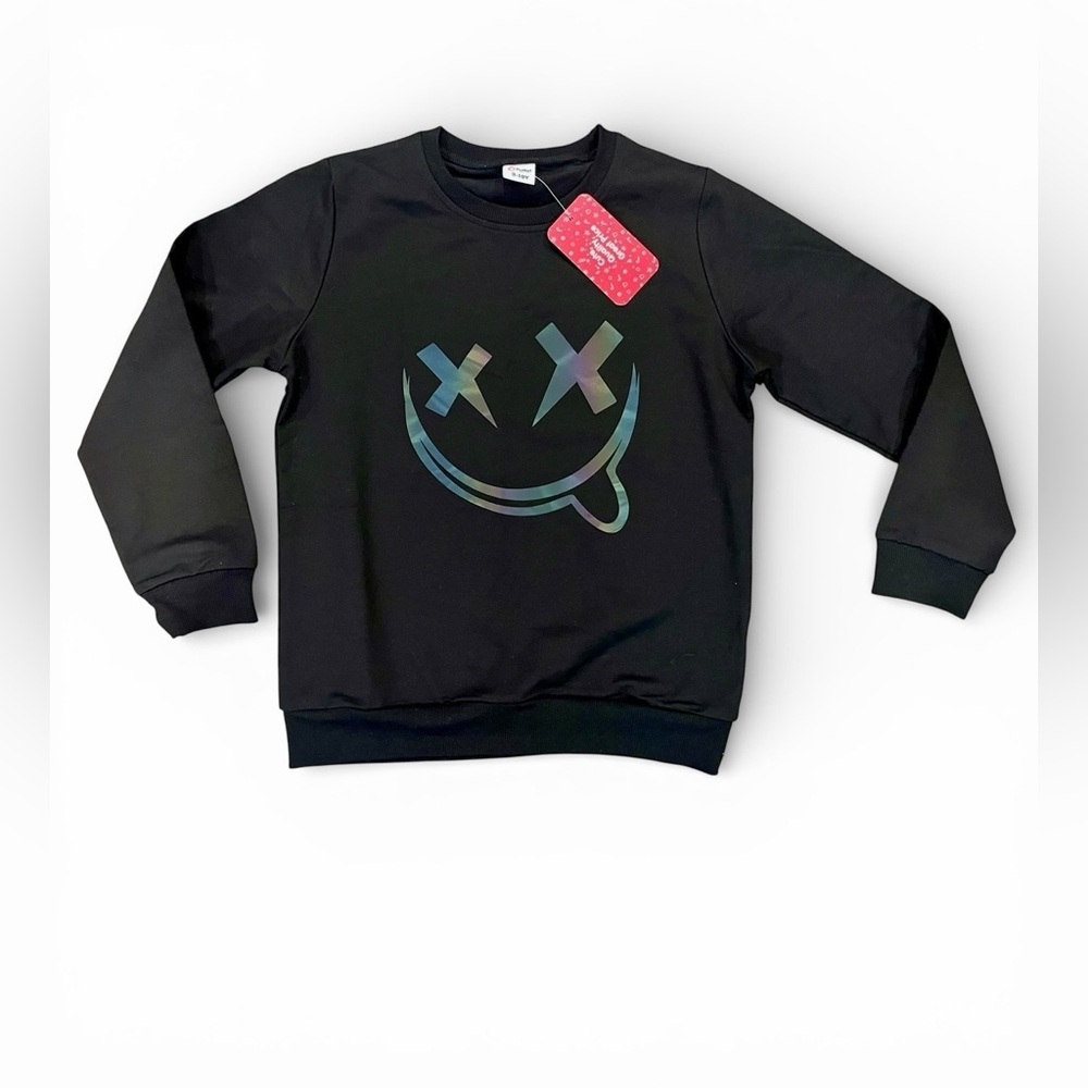 PatPat Black Sweatshirt with Holographic Smiley